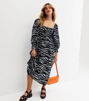 New Look Black Zebra Print Linen-Look Long Sleeve Midi Dress